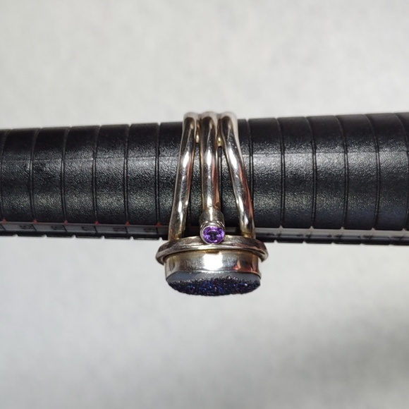 Peacock Druzy Quartz w/Amethyst Sterling Silver Ring - Picture 10 of 12
